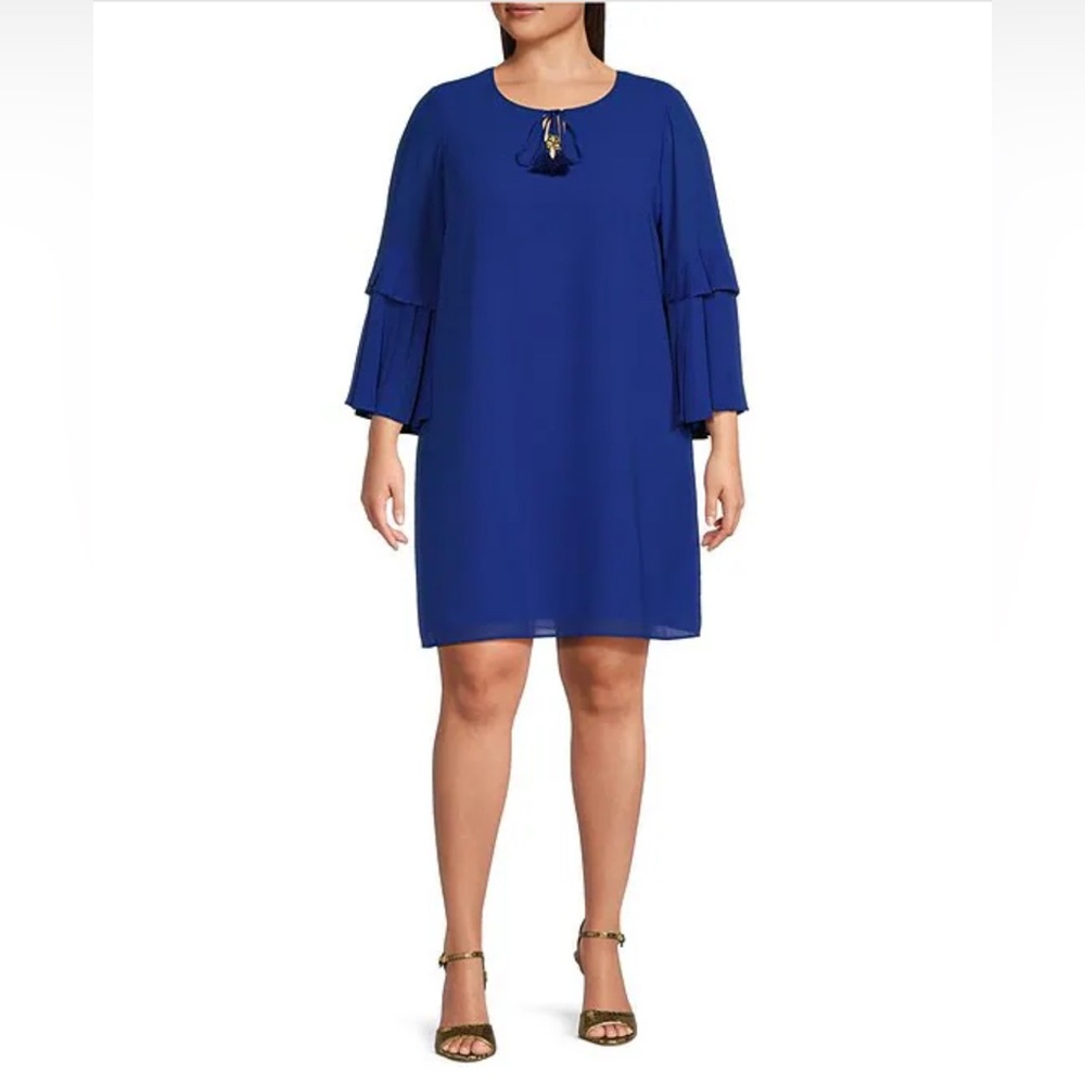NWT Vince Camuto Plus Sz 18W Chiffon Keyhole Tie 3/4 Sleeve Shift Dress Cobalt